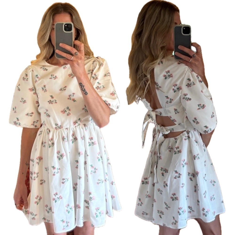 Sister Jane White Floral Embroidered Backless Baby Doll Mini Puff Sleeve Dress